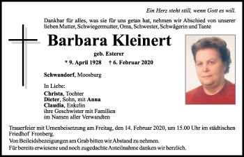 Traueranzeige von Barbara Kleinert von Mittelbayerische Zeitung Schwandorf