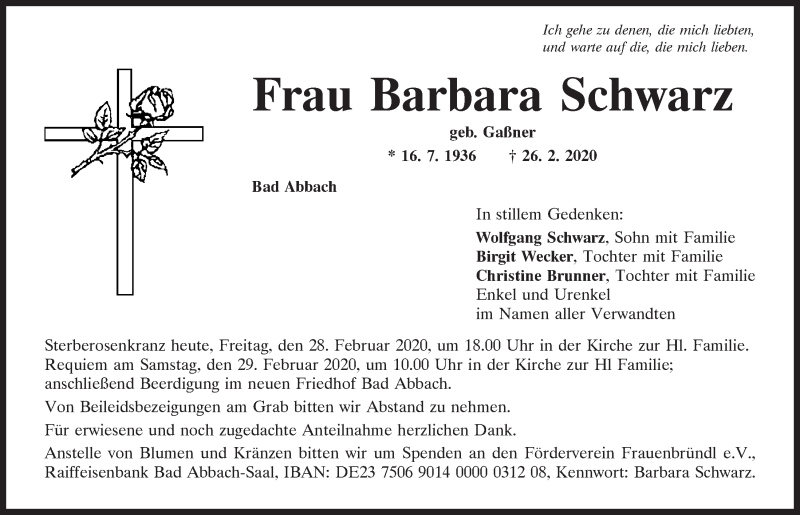  Traueranzeige für Barbara Schwarz vom 28.02.2020 aus Mittelbayerische Zeitung Kelheim
