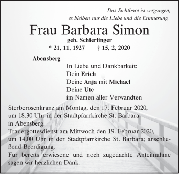 Traueranzeige von Barbara Simon von Mittelbayerische Zeitung Kelheim