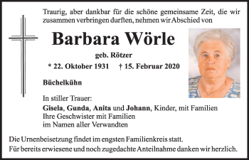 Traueranzeige von Barbara Wörle von Mittelbayerische Zeitung Schwandorf