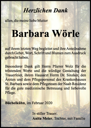 Traueranzeige von Barbara Wörle von Mittelbayerische Zeitung Schwandorf