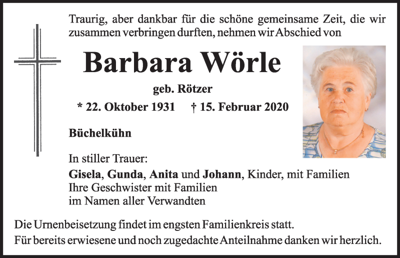  Traueranzeige für Barbara Wörle vom 18.02.2020 aus Mittelbayerische Zeitung Schwandorf