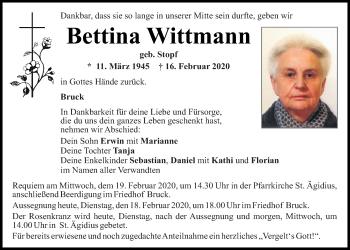 Traueranzeige von Bettina Wittmann von Mittelbayerische Zeitung Regensburg