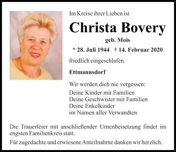 Traueranzeige von Christa Bovery von Mittelbayerische Zeitung Schwandorf