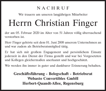 Traueranzeige von Christian Finger von Mittelbayerische Zeitung Regensburg