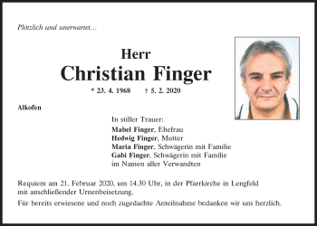 Traueranzeige von Christian Finger von Mittelbayerische Zeitung Kelheim