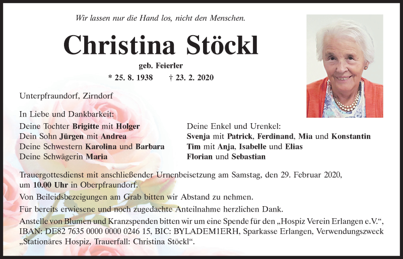  Traueranzeige für Christina Stöckl vom 26.02.2020 aus MITTELBAYERISCHE ZEITUNG REGENSBURG