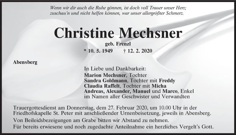  Traueranzeige für Christine Mechsner vom 26.02.2020 aus Mittelbayerische Zeitung Kelheim