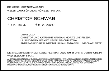 Traueranzeige von Christof Schwab von Mittelbayerische Zeitung Gesamtausgabe
