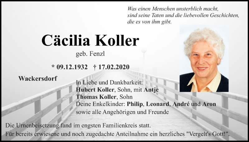  Traueranzeige für Cäcilia Koller vom 29.02.2020 aus Mittelbayerische Zeitung Schwandorf
