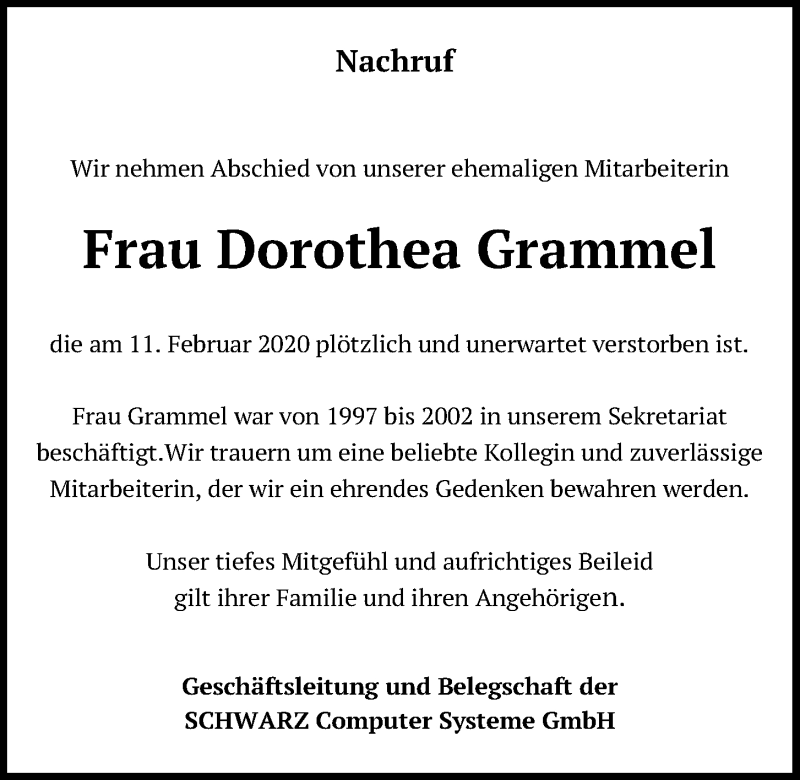  Traueranzeige für Dorothea Grammel vom 14.02.2020 aus Neumarkter Tagblatt