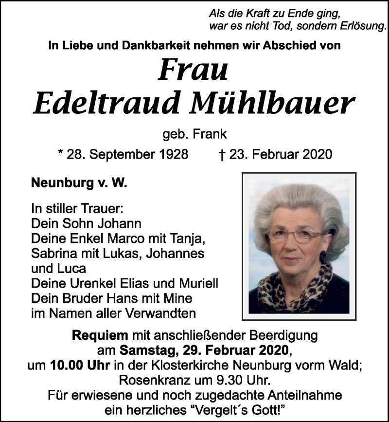  Traueranzeige für Edeltraud Mühlbauer vom 27.02.2020 aus Mittelbayerische Zeitung Schwandorf