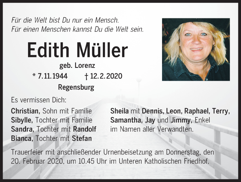  Traueranzeige für Edith Müller vom 15.02.2020 aus Mittelbayerische Zeitung Regensburg