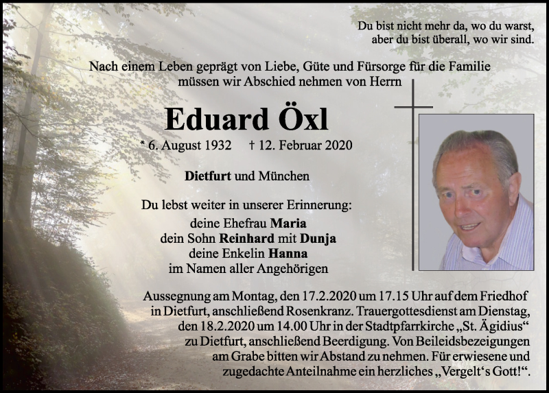  Traueranzeige für Eduard Öxl vom 15.02.2020 aus Neumarkter Tagblatt