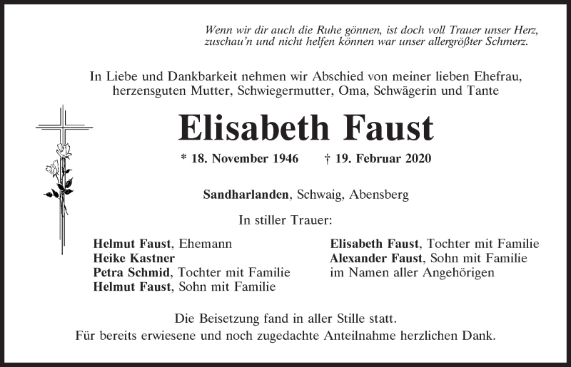  Traueranzeige für Elisabeth Faust vom 25.02.2020 aus Mittelbayerische Zeitung Kelheim