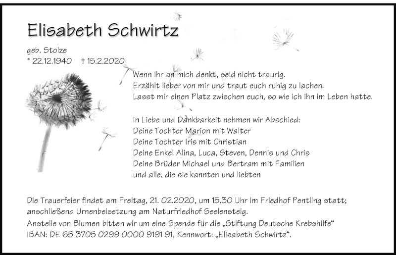  Traueranzeige für Elisabeth Schwirtz vom 19.02.2020 aus Mittelbayerische Zeitung Regensburg