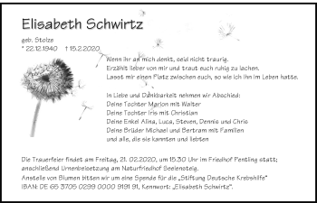 Traueranzeige von Elisabeth Schwirtz von Mittelbayerische Zeitung Regensburg