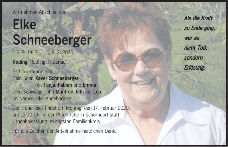  Traueranzeige für Elke Schneeberger vom 13.02.2020 aus Bayerwald Echo