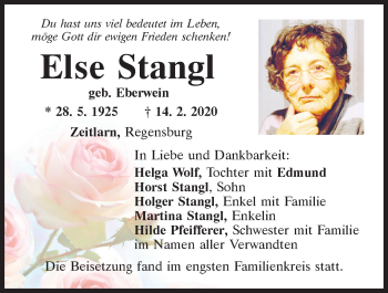 Traueranzeige von Else Stangl von Mittelbayerische Zeitung Regensburg