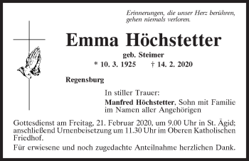 Traueranzeige von Emma Höchstetter von Mittelbayerische Zeitung Regensburg