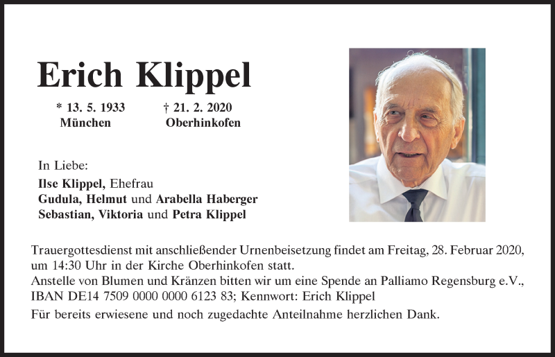  Traueranzeige für Erich Klippel vom 25.02.2020 aus Mittelbayerische Zeitung Regensburg