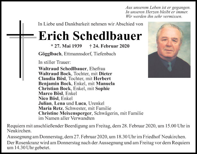  Traueranzeige für Erich Schedlbauer vom 26.02.2020 aus Mittelbayerische Zeitung Schwandorf