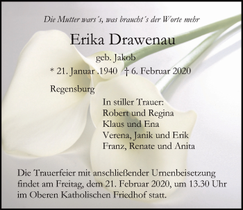 Traueranzeige von Erika Drawenau von Mittelbayerische Zeitung Regensburg