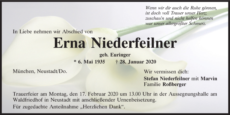  Traueranzeige für Erna Niederfeilner vom 14.02.2020 aus Mittelbayerische Zeitung Kelheim