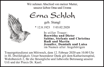 Traueranzeige von Erna Schloh von Mittelbayerische Zeitung Regensburg