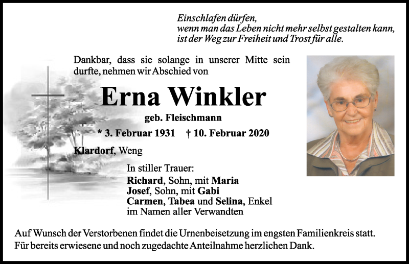  Traueranzeige für Erna Winkler vom 12.02.2020 aus Mittelbayerische Zeitung Schwandorf