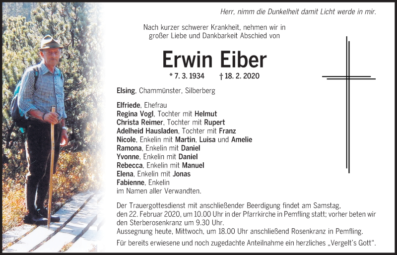  Traueranzeige für Erwin Eiber vom 19.02.2020 aus Bayerwald Echo