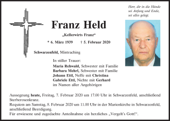 Traueranzeige von Franz Held von Mittelbayerische Zeitung Schwandorf