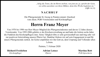 Traueranzeige von Franz Meyer von Mittelbayerische Zeitung Kelheim