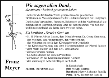 Traueranzeige von Franz Meyer von Mittelbayerische Zeitung Regensburg