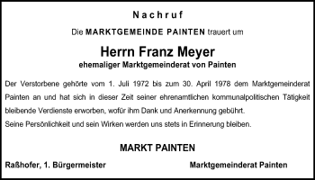 Traueranzeige von Franz Meyer von Mittelbayerische Zeitung Kelheim