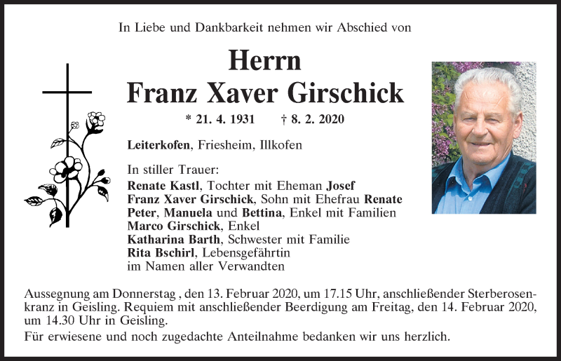  Traueranzeige für Franz Xaver Girschick vom 12.02.2020 aus Mittelbayerische Zeitung Regensburg