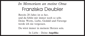 Traueranzeige von Franziska Deubler von Mittelbayerische Zeitung Regensburg