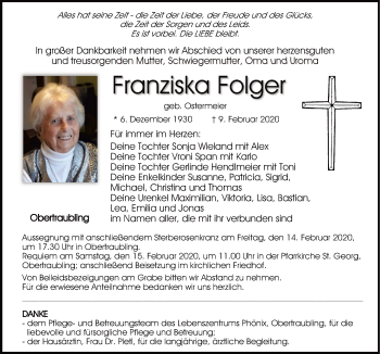 Traueranzeige von Franziska Folger von Mittelbayerische Zeitung Regensburg