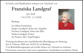 Traueranzeige von Franziska Landgraf von Mittelbayerische Zeitung Regensburg