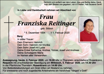 Traueranzeige von Franziska Reitinger von Bayerwald Echo