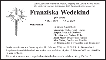 Traueranzeige von Franziska Wedekind von Mittelbayerische Zeitung Regensburg