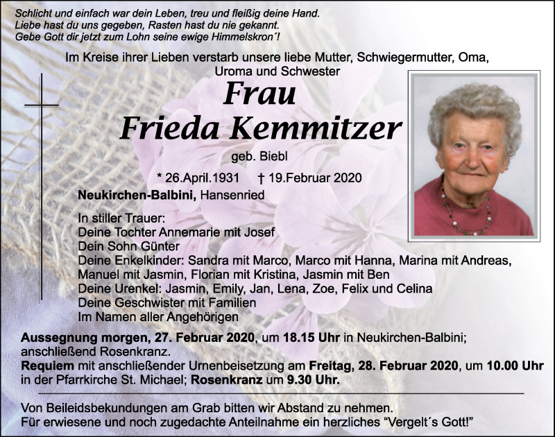  Traueranzeige für Frieda Kemmitzer vom 26.02.2020 aus Mittelbayerische Zeitung Schwandorf