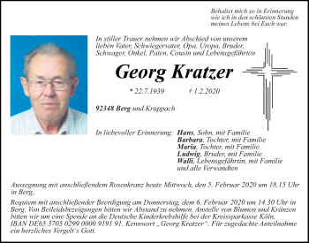 Traueranzeige von Georg Kratzer von Neumarkter Tagblatt