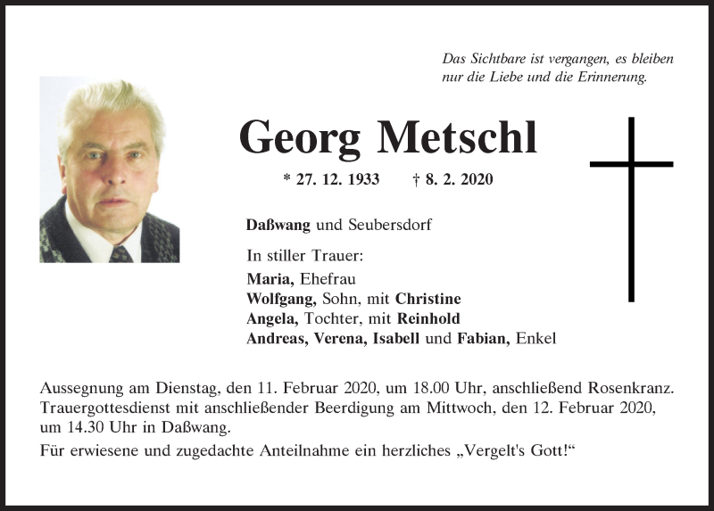  Traueranzeige für Georg Metschl vom 10.02.2020 aus Neumarkter Tagblatt