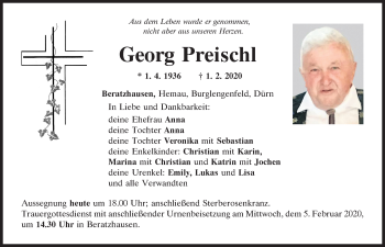 Traueranzeige von Georg Preischl von Mittelbayerische Zeitung Regensburg