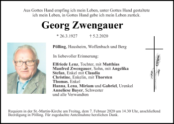 Traueranzeige von Georg Zwengauer von Neumarkter Tagblatt