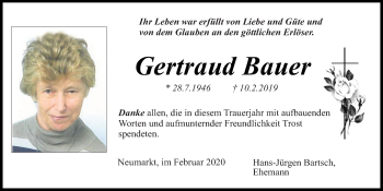 Traueranzeige von Gertraud Bauer von Neumarkter Tagblatt