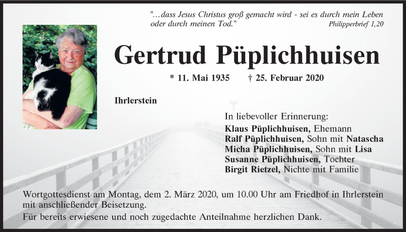  Traueranzeige für Gertrud Püplichhuisen vom 27.02.2020 aus Mittelbayerische Zeitung Kelheim