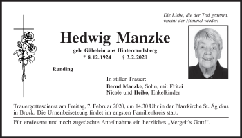 Traueranzeige von Hedwig Manzke von Mittelbayerische Zeitung Schwandorf