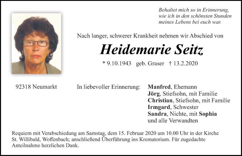  Traueranzeige für Heidemarie Seitz vom 14.02.2020 aus Neumarkter Tagblatt